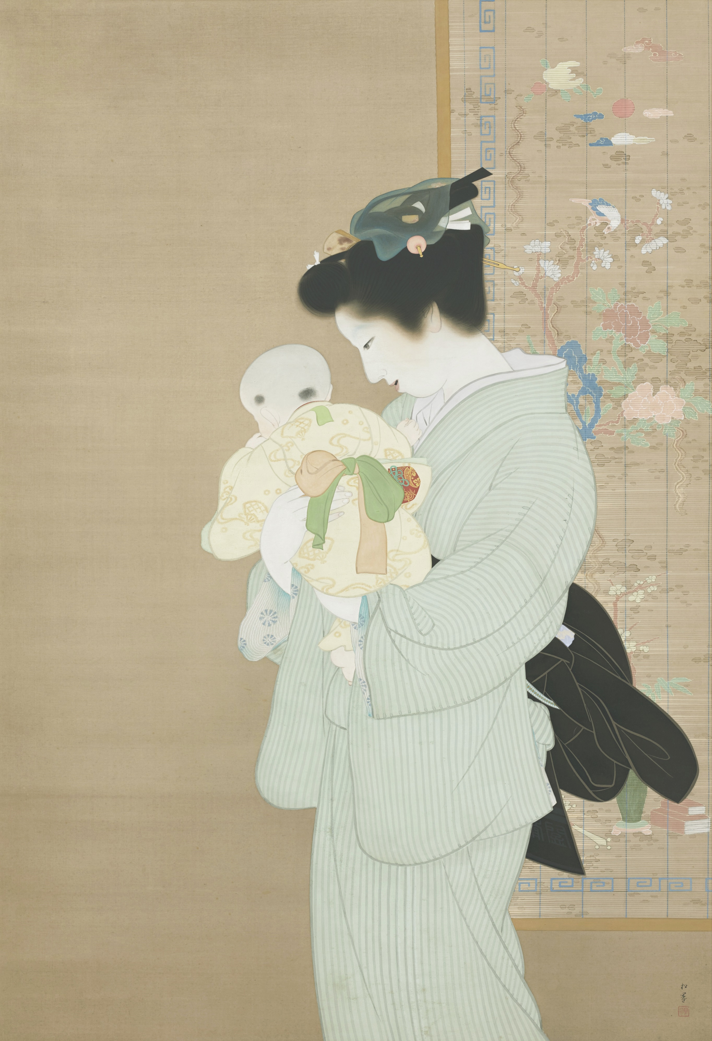 絵画 期間限定 上村松園？ 肉筆 「想い」 上村松園 舞子 芸者 浮世絵・肉筆水彩・日本画・額縁無し・us89w
